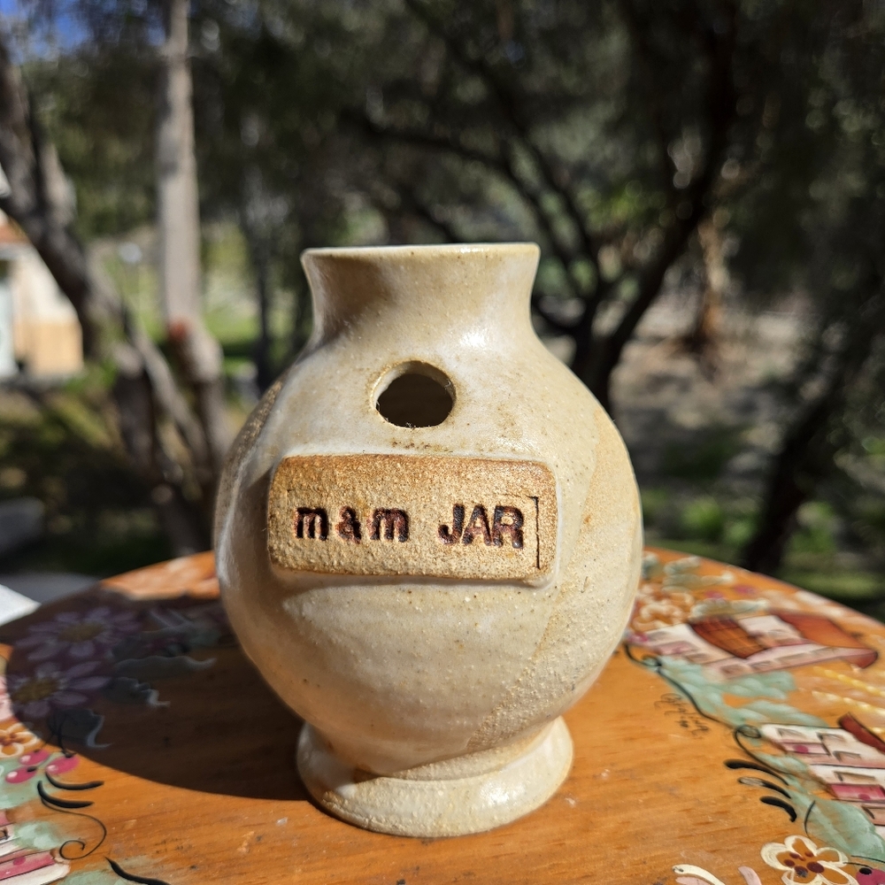 Small Vintage Ceramic m&m JAR Beige‎ Tan Ash Glazed Pottery Vessel Vase W/ Hole